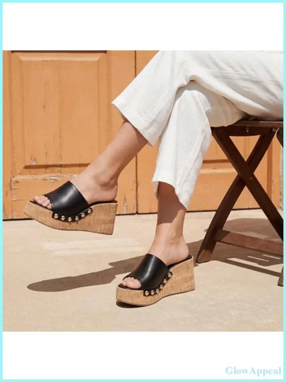Womens Faux Leather Platform Wedge Sandals Studded Slip On Slides